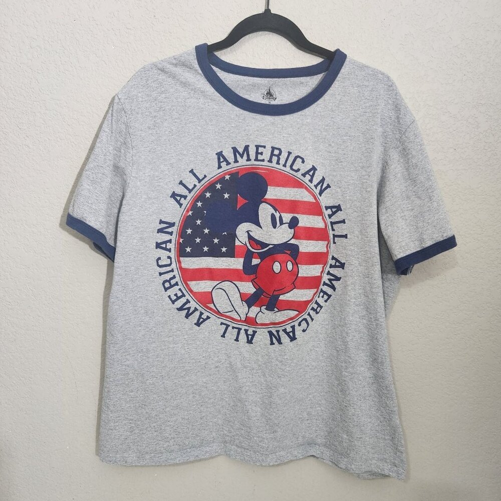 Disney Store Mickey Mouse Mens T-Shirt XL Blue Gray Ringer Classic Fit Graphic